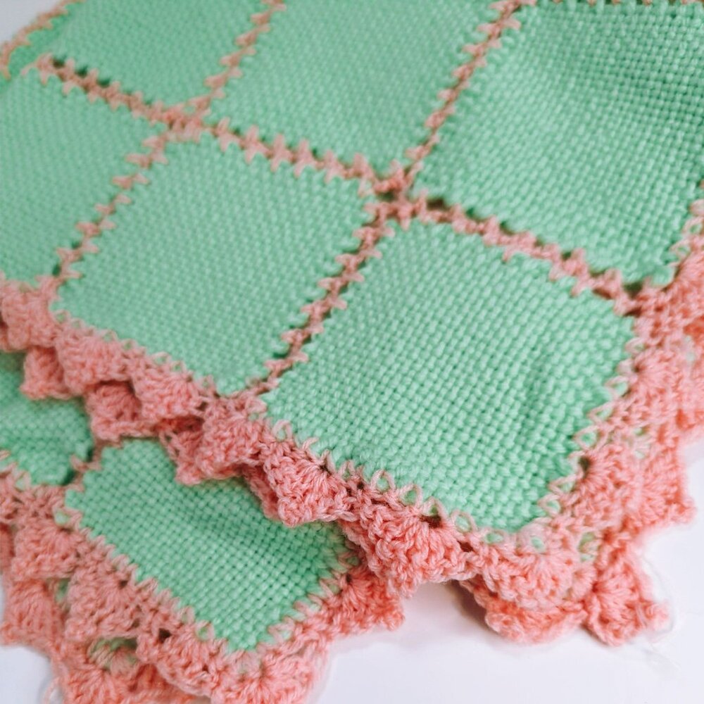 Vintage Hand-Crocheted Doll Blanket 25x25 Inches Green & Pink - Picture 5 of 5